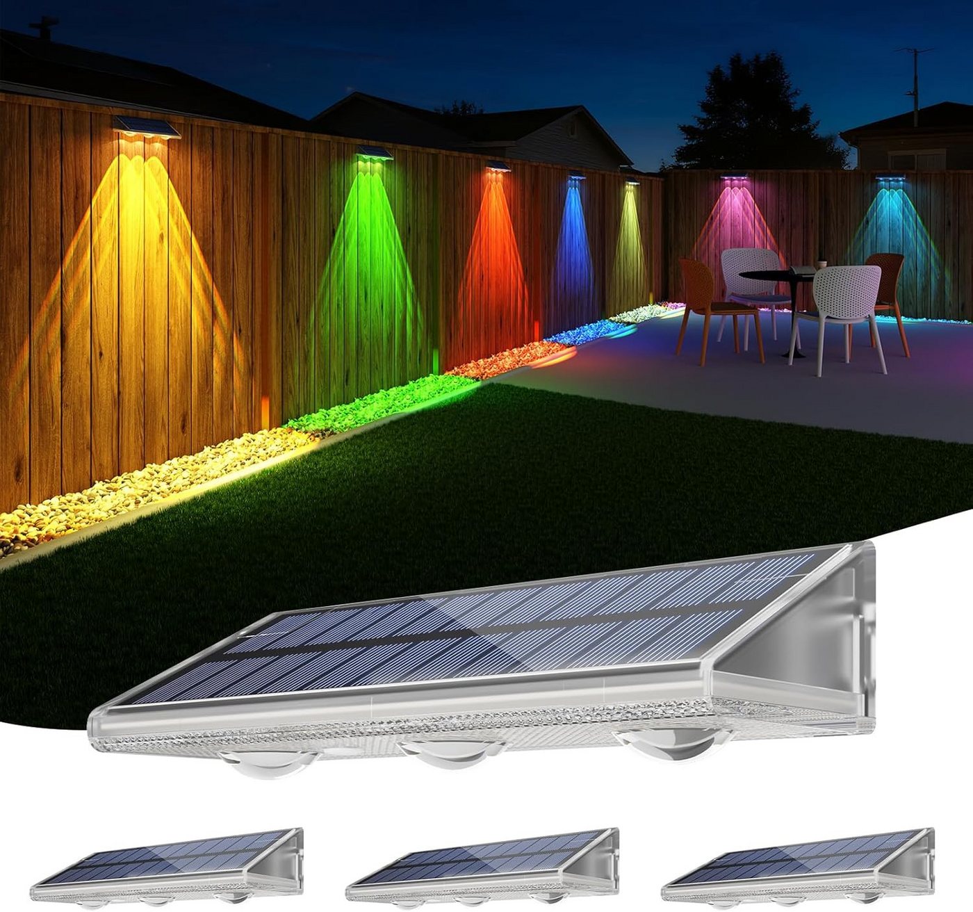 Futicare LED Außen-Wandleuchte Solar, Warmweiß & RGB 6 Farben, IP67, Solarleuchte für Zaun, Garten, Terrasse, Stufen, 4er Set Bild 4