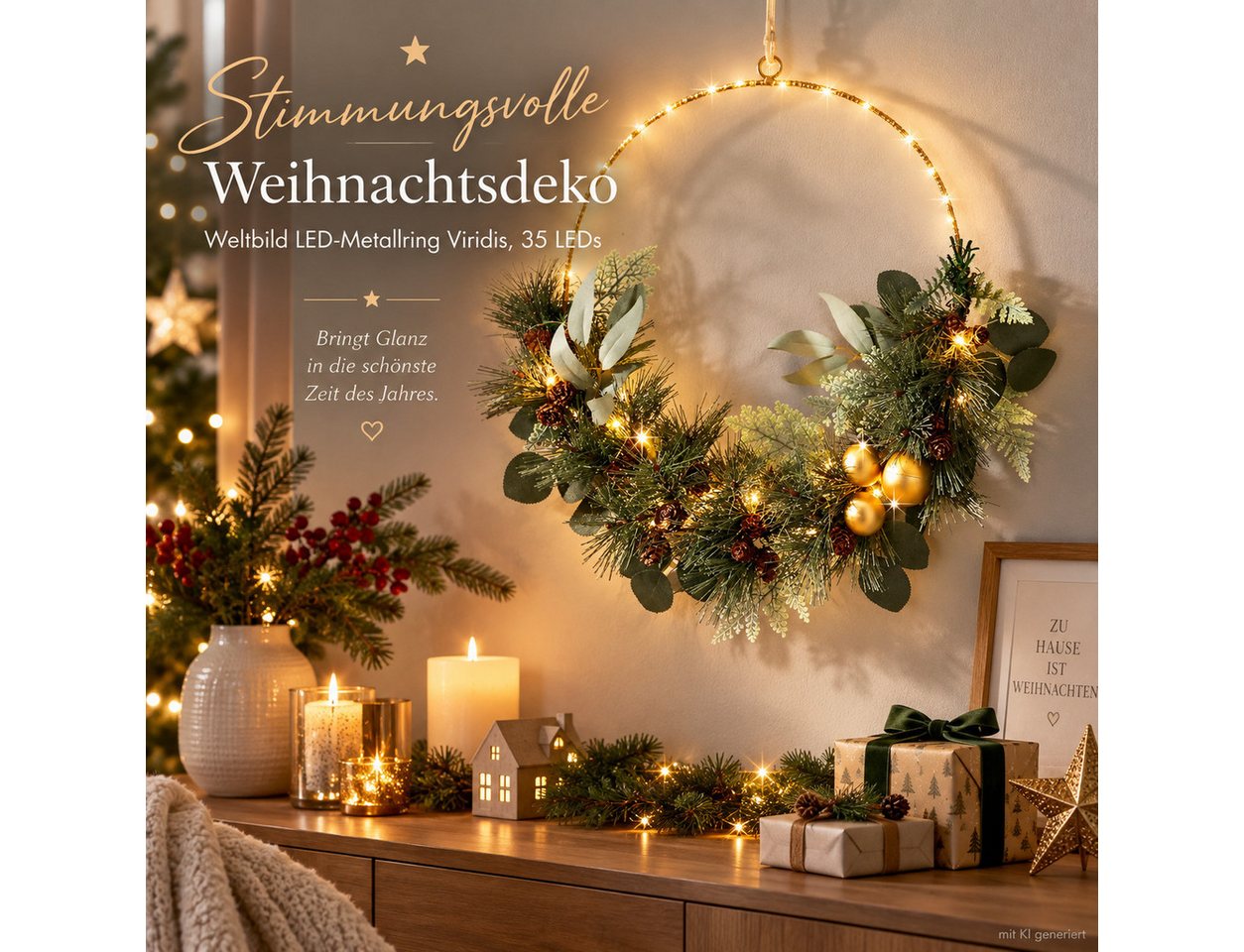 Weltbild LED Dekolicht LED-Metallring Viridis 35 LEDs LED Ring Dekoring Lichtring Dekoration, Lichtdeko Leuchtring Metallring Weihnachtsdeko Adventsdeko