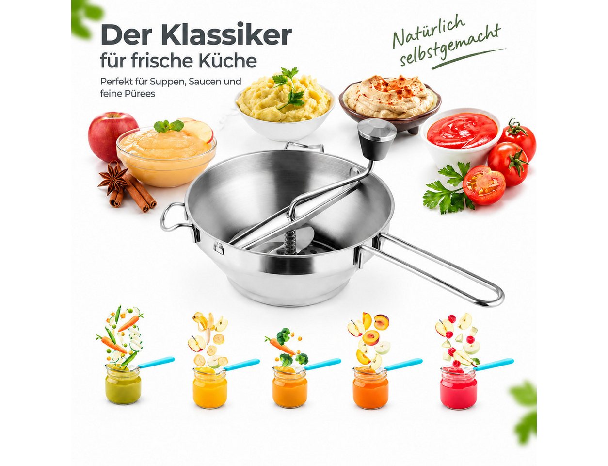 MC Star Passiersieb Passiergerät aus Edelstahl mit 3X Siebeinsatz passiermühle für Suppe