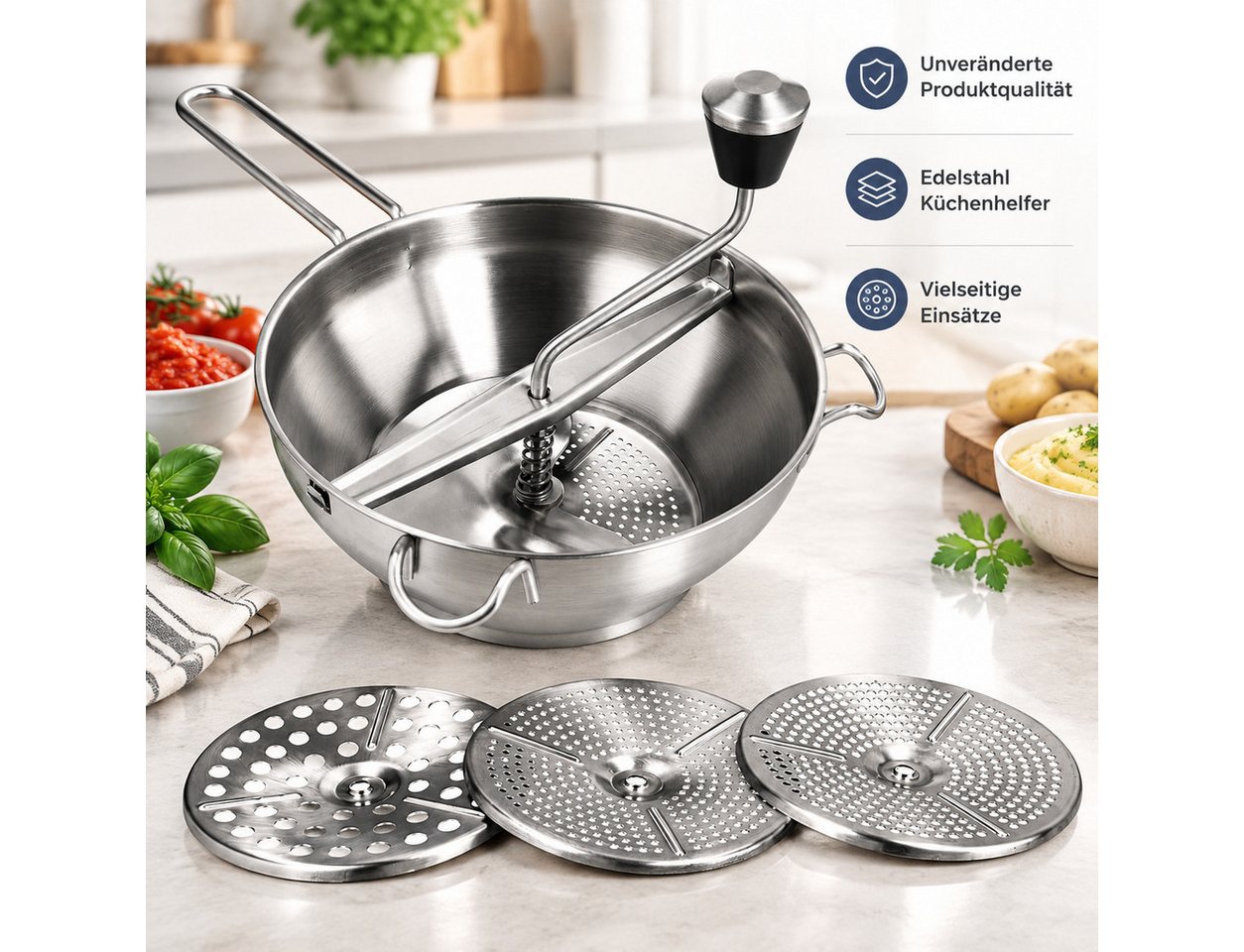 MC Star Passiersieb Passiergerät aus Edelstahl mit 3X Siebeinsatz passiermühle für Suppe Bild 3