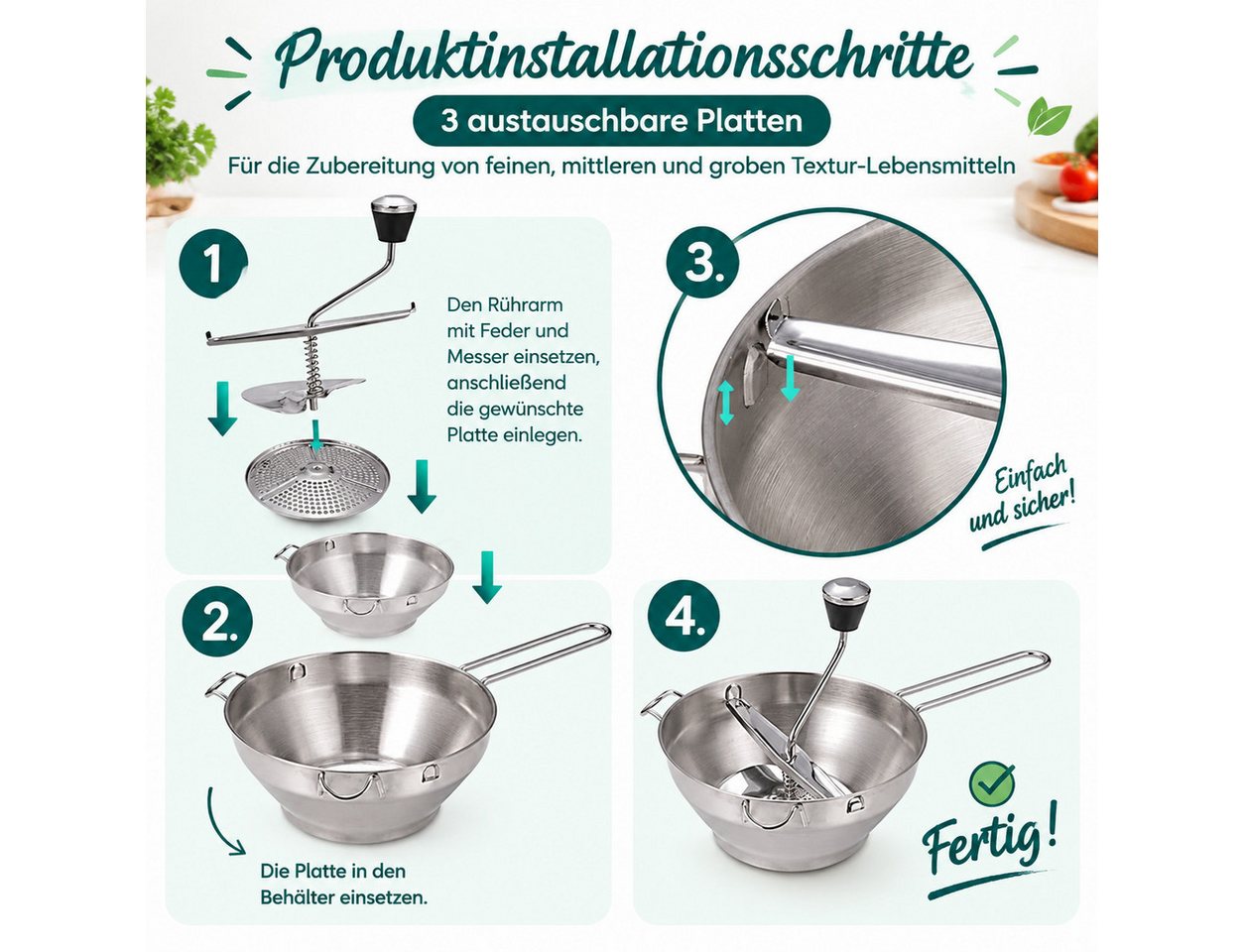 MC Star Passiersieb Passiergerät aus Edelstahl mit 3X Siebeinsatz passiermühle für Suppe Bild 4