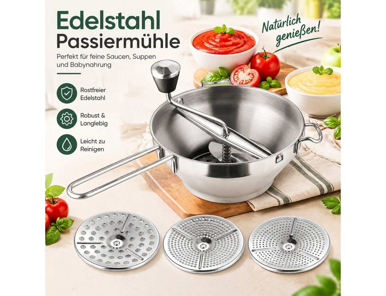 MC Star Passiersieb Passiergerät aus Edelstahl mit 3X Siebeinsatz passiermühle für Suppe Bild 5