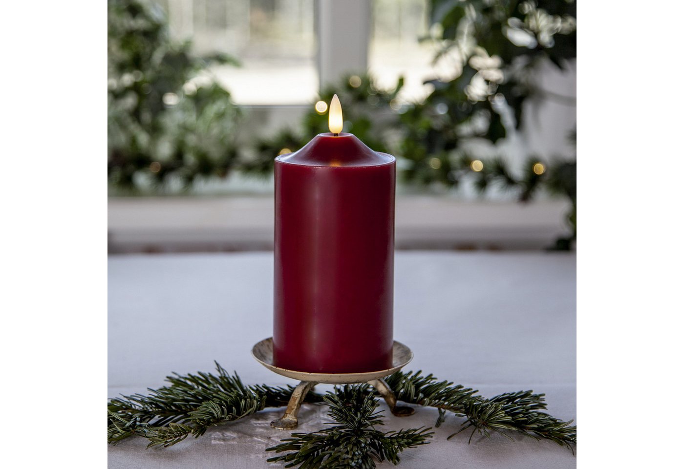 MARELIDA LED-Kerze Stumpenkerze Echtwachs 3D Flamme H: 17cm, D: 7,5cm Batterie Timer rot, LED Classic, warmweiß (2100K bis 3000K) Bild 2