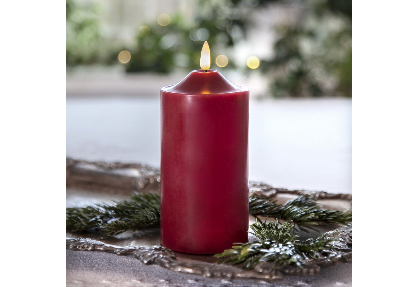 MARELIDA LED-Kerze Stumpenkerze Echtwachs 3D Flamme H: 17cm, D: 7,5cm Batterie Timer rot, LED Classic, warmweiß (2100K bis 3000K) Bild 5