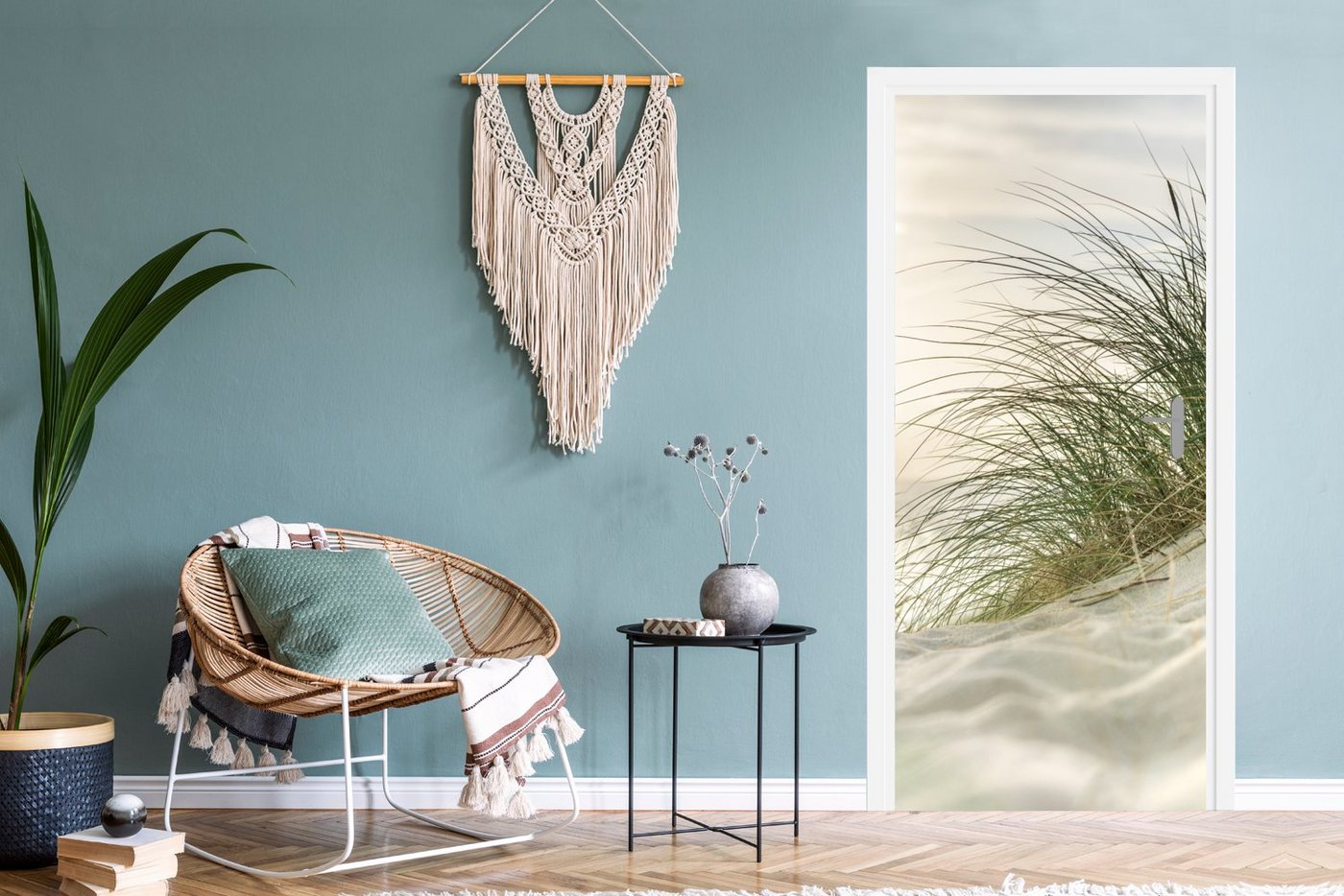 MuchoWow Türtapete Dünen mit Strandhafer in der Sonne des Nationalparks Schleswig-Holstei, Matt, bedruckt, (1 St), Selbstklebende Tapete, Folie für Möbel, 75x205 cm