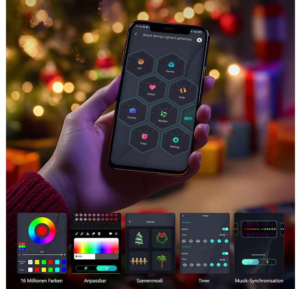 Jibenhome LED-Lichterkette LED Lichterkette RGB Christbaumbeleuchtung Bäume mit Ring,160 LEDs, APP-Kontrolle,LED Lichtvorhang,Wasserfall Lichter mit Fernbedienung Bild 4