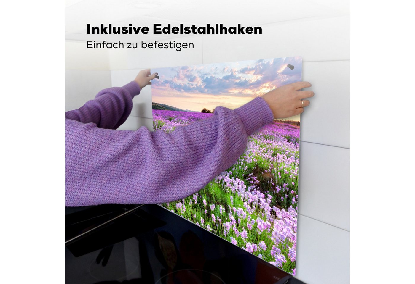 KitchenYeah Küchenrückwand Lavendel - Blumen - Lila - Blumenfeld, (1-tlg), Kochfeld Abdeckung Ceranfeld, Induktionsschutzmatte, 58x59 cm