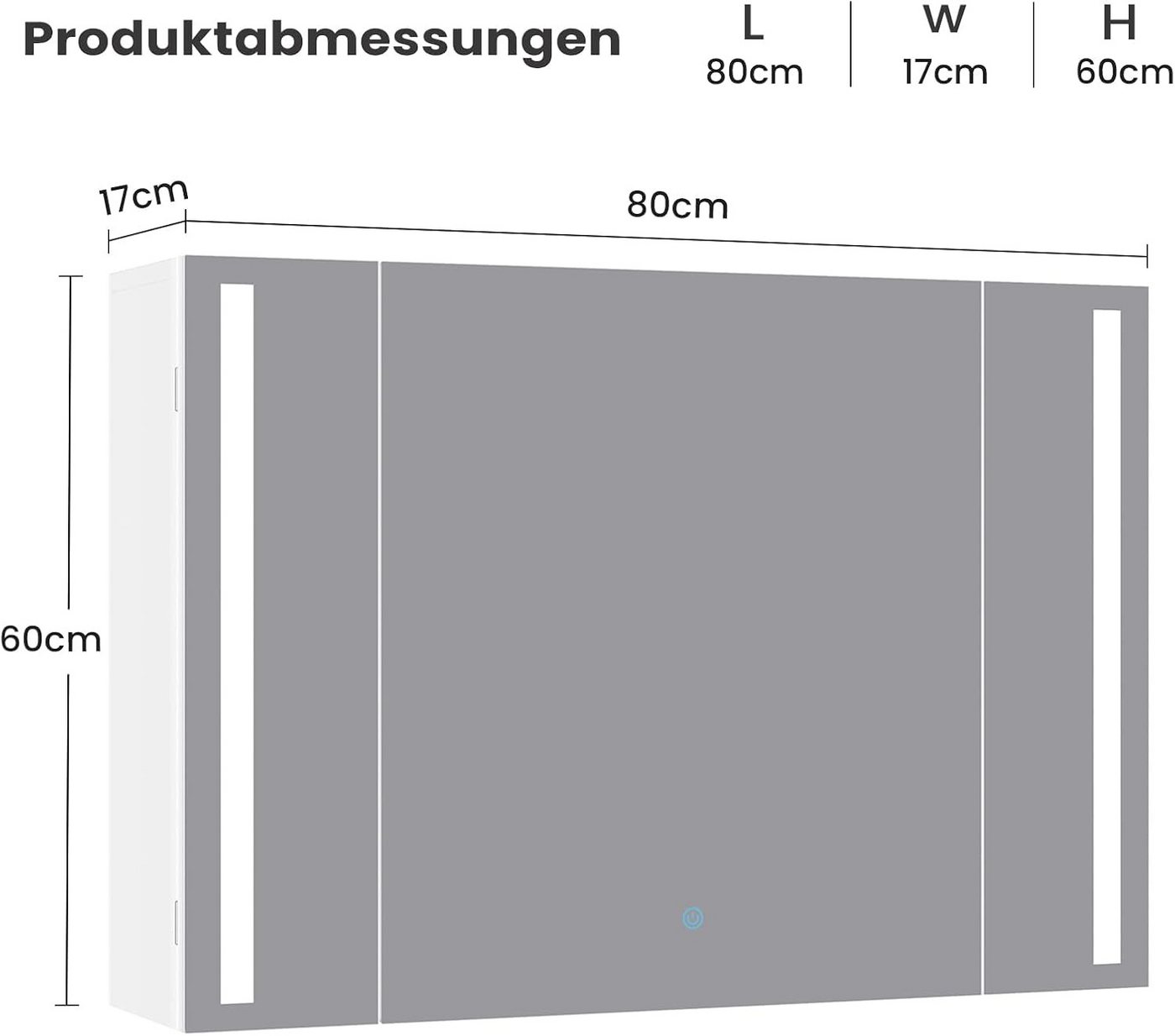 MSMASK Badezimmerspiegelschrank 80cm mit LED Beleuchtung & Steckdose, 3 Farben Dimmbar & HD Spiegel (1-St) Verstellbare Regale
