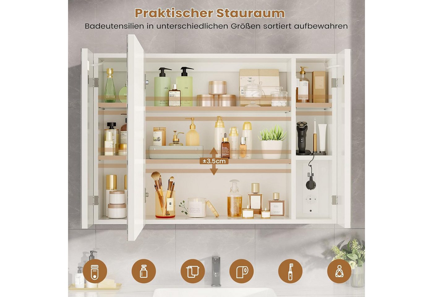 MSMASK Badezimmerspiegelschrank 80cm mit LED Beleuchtung & Steckdose, 3 Farben Dimmbar & HD Spiegel (1-St) Verstellbare Regale Bild 2