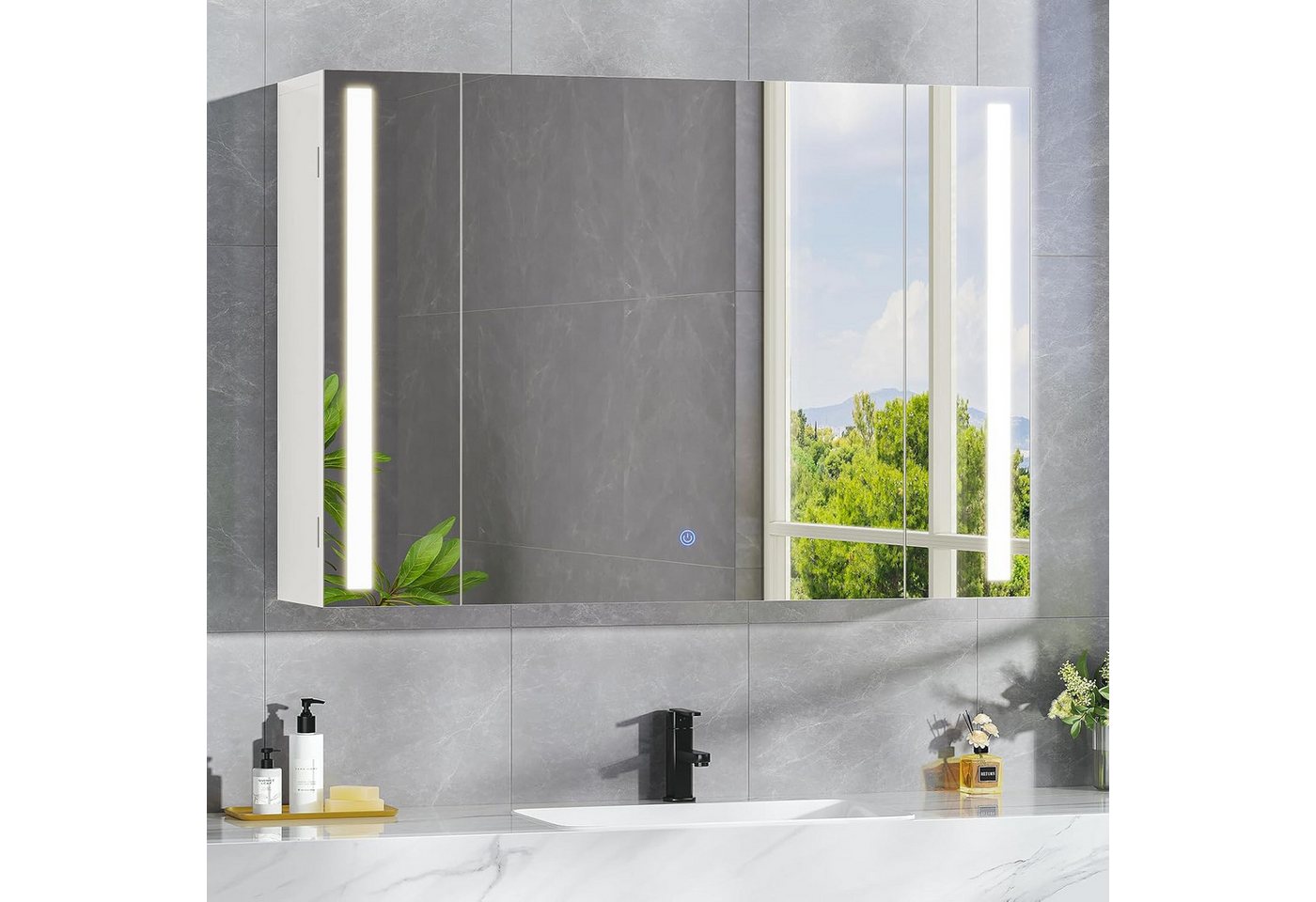 MSMASK Badezimmerspiegelschrank 80cm mit LED Beleuchtung & Steckdose, 3 Farben Dimmbar & HD Spiegel (1-St) Verstellbare Regale Bild 4