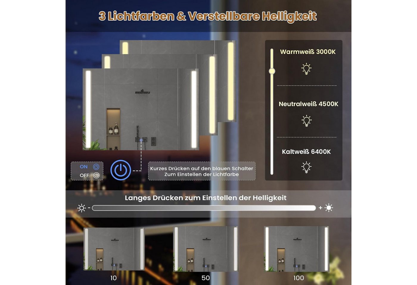 MSMASK Badezimmerspiegelschrank 80cm mit LED Beleuchtung & Steckdose, 3 Farben Dimmbar & HD Spiegel (1-St) Verstellbare Regale Bild 5