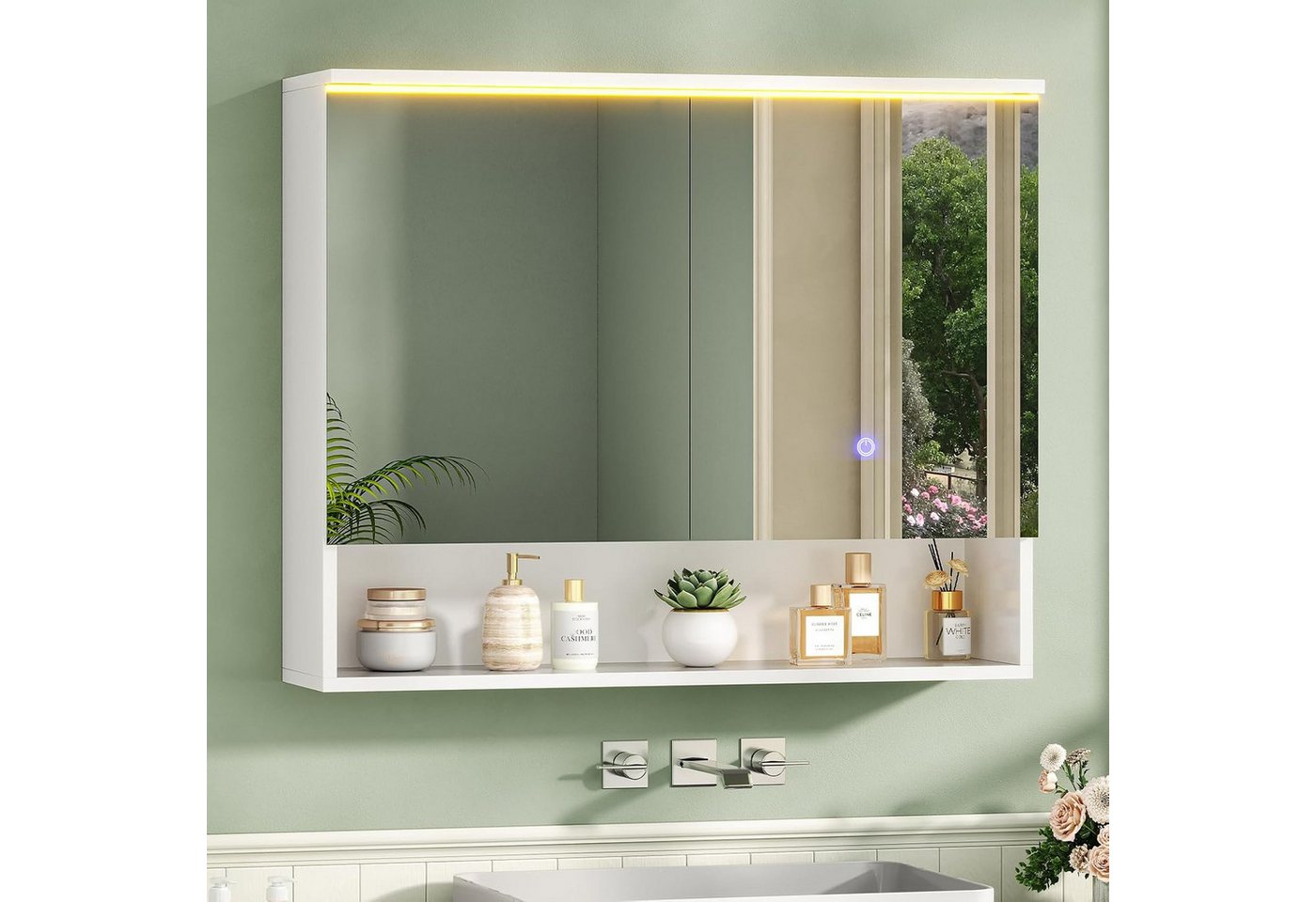 MSMASK Badezimmerspiegelschrank mit LED-Beleuchtung und Steckdose, Offenes Regal, 80 x 19,5 x 75.5 cm (1-St) 3-stufig höhenverstellbare Ablage
