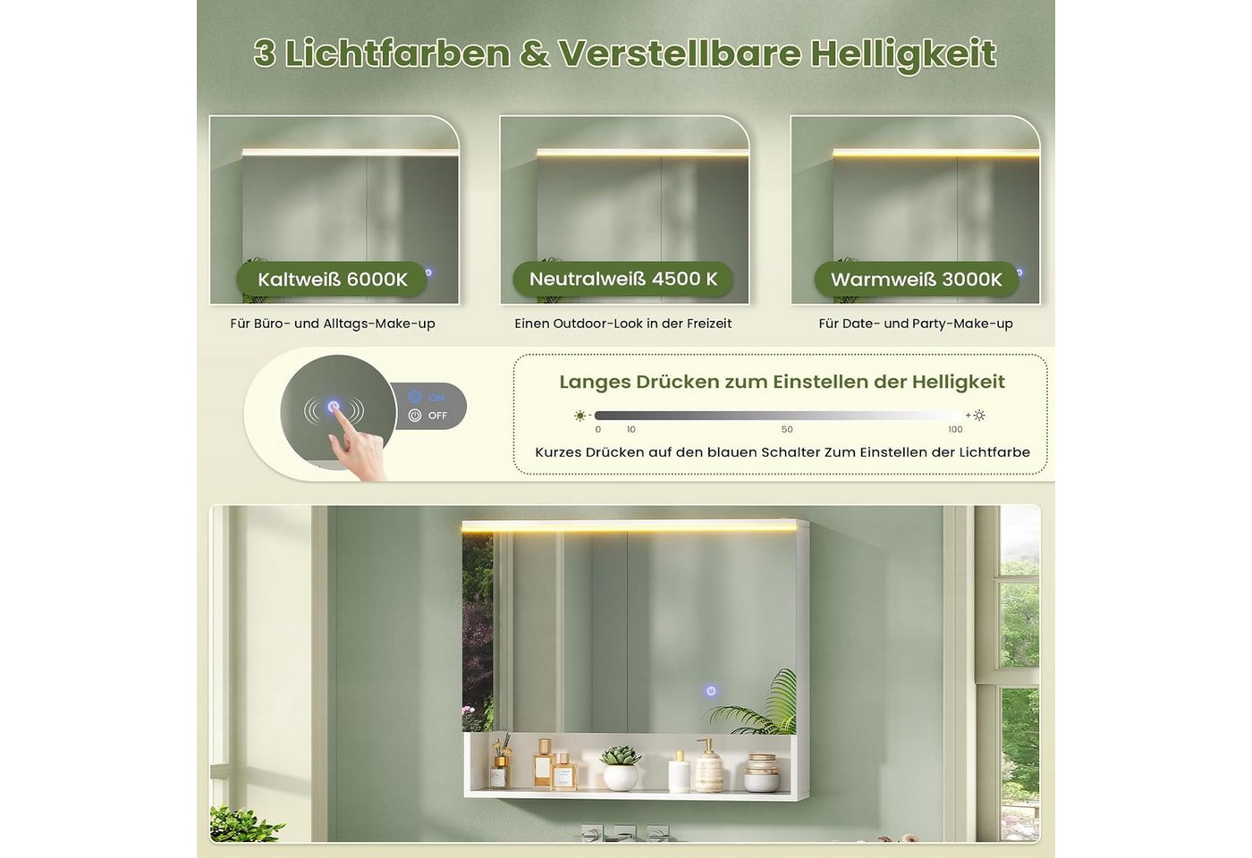 MSMASK Badezimmerspiegelschrank mit LED-Beleuchtung und Steckdose, Offenes Regal, 80 x 19,5 x 75.5 cm (1-St) 3-stufig höhenverstellbare Ablage Bild 4