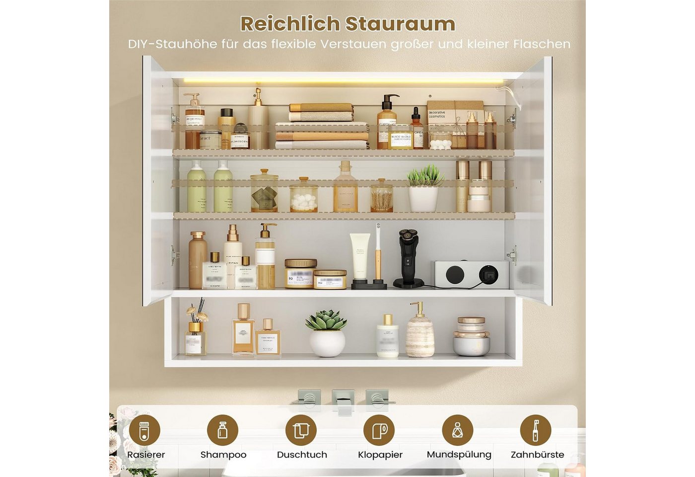 MSMASK Badezimmerspiegelschrank mit LED-Beleuchtung und Steckdose, Offenes Regal, 80 x 19,5 x 75.5 cm (1-St) 3-stufig höhenverstellbare Ablage Bild 5