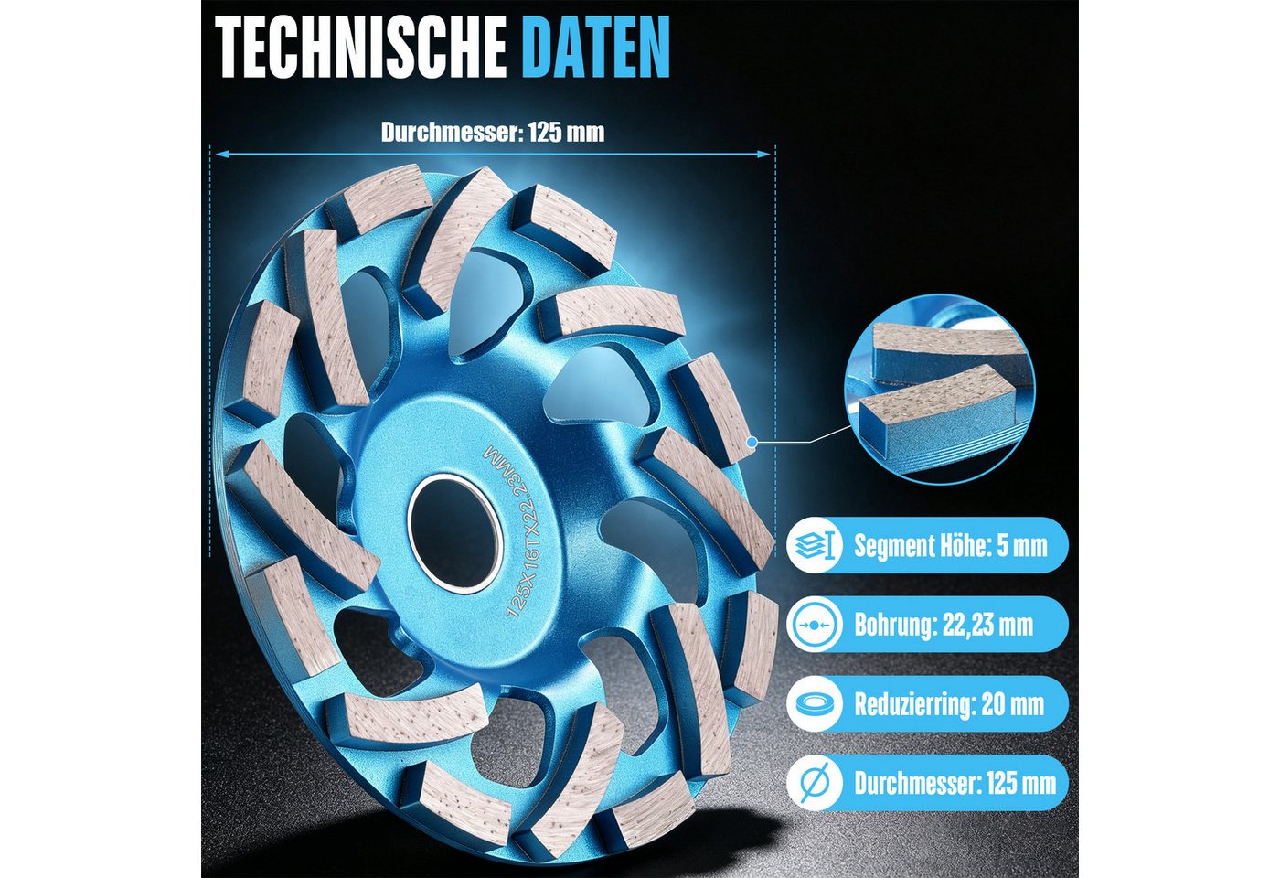 XERSEK Schleifscheibe 2 Stück Diamant Schleiftopf 125 mm Topfscheibe für Winkelschleifer, (Set, 2 St., 22,23mm Bohrung, 16 Turbo-Segmente, Doppelreihig), für Beton Granit Marmor Fliesen Ziegel Mauerwerk Bild 3