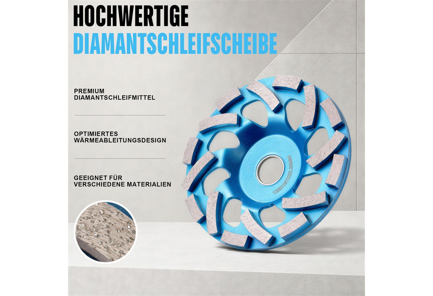 XERSEK Schleifscheibe 2 Stück Diamant Schleiftopf 125 mm Topfscheibe für Winkelschleifer, (Set, 2 St., 22,23mm Bohrung, 16 Turbo-Segmente, Doppelreihig), für Beton Granit Marmor Fliesen Ziegel Mauerwerk Bild 4