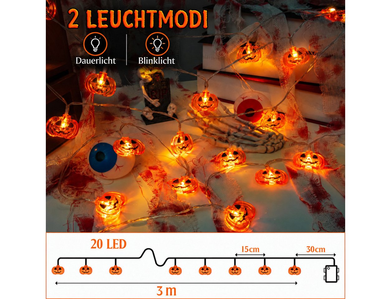 nsihing LED-Lichterkette Halloween Lichterkette 3 m, 20 LED, Batteriebetrieben, IP65, Für Innen & Außen, Ideal für Kürbis- & Halloween-Dekoration Bild 2
