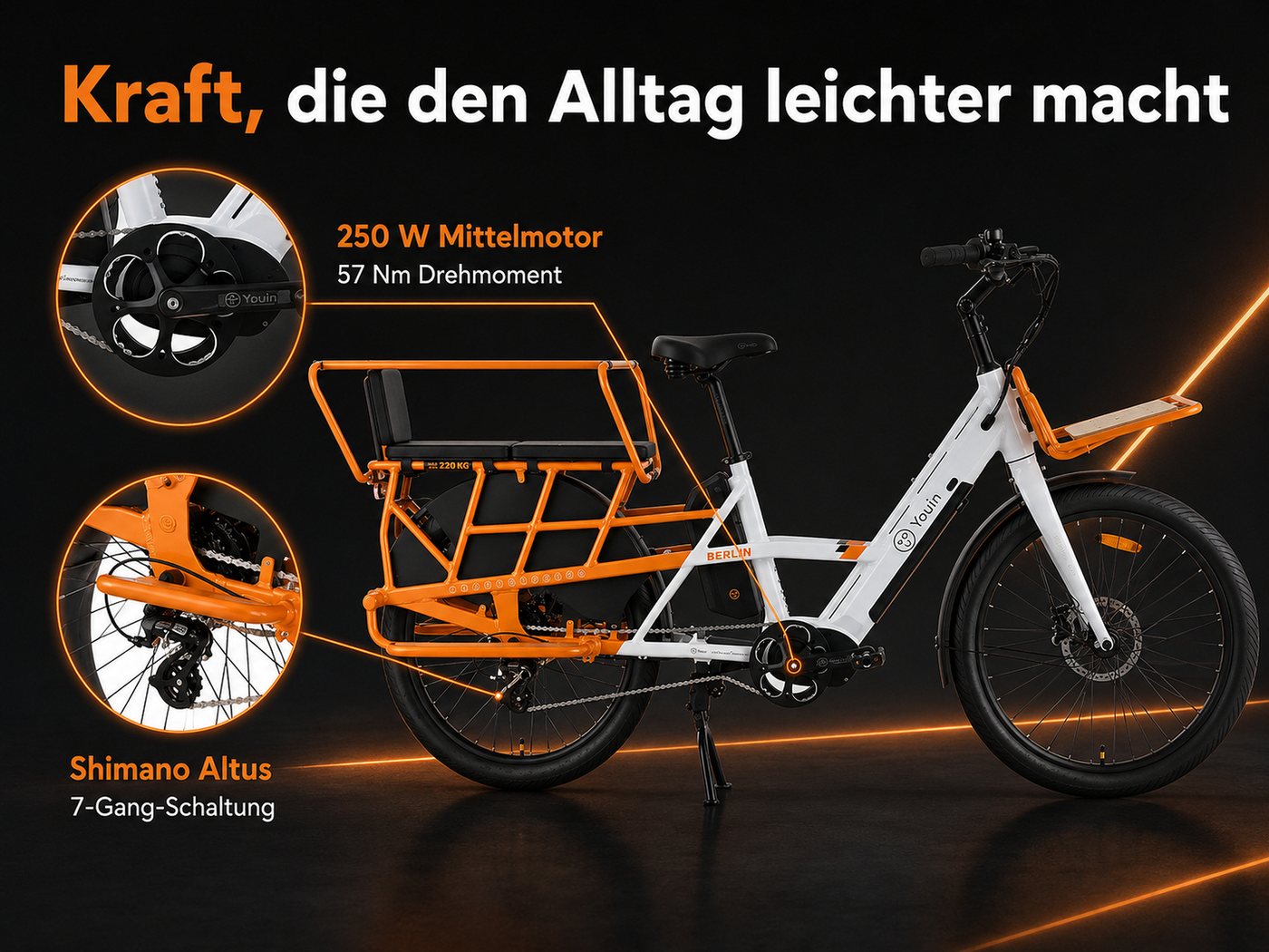 PixelPilot E-Bike Lasten-E-Bike Youin Berlin 26 Zoll, 250 W Mittelmotor, Dual-Akku 998 Wh, bis 125 km, 7 Gang, Mittelmotor, 998 Wh