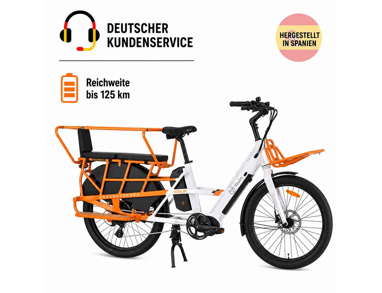 PixelPilot E-Bike Lasten-E-Bike Youin Berlin 26 Zoll, 250 W Mittelmotor, Dual-Akku 998 Wh, bis 125 km, 7 Gang, Mittelmotor, 998 Wh Bild 4