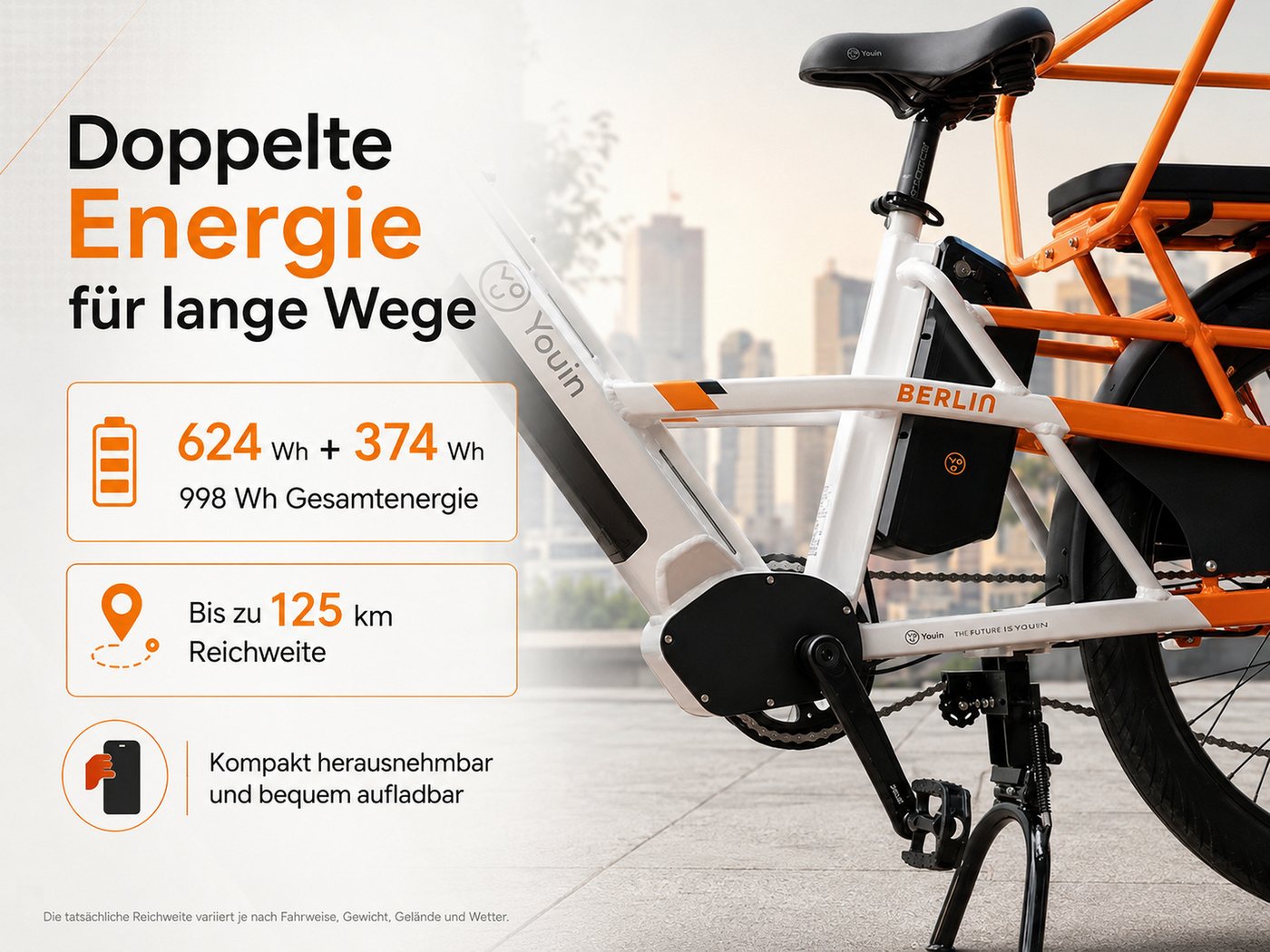 PixelPilot E-Bike Lasten-E-Bike Youin Berlin 26 Zoll, 250 W Mittelmotor, Dual-Akku 998 Wh, bis 125 km, 7 Gang, Mittelmotor, 998 Wh Bild 5