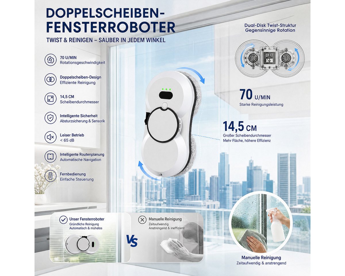 Rhein Beleuchtung Fensterputzroboter Fensterputzroboter – Automatischer Fensterreiniger, (1-St., Set, 2800 Pa Saugkraft, Für Fenster, Glas & schwer zugängliche Flächen) USV-Schutz, Wassersprühfunktion & intelligente Pfadplanung Bild 2