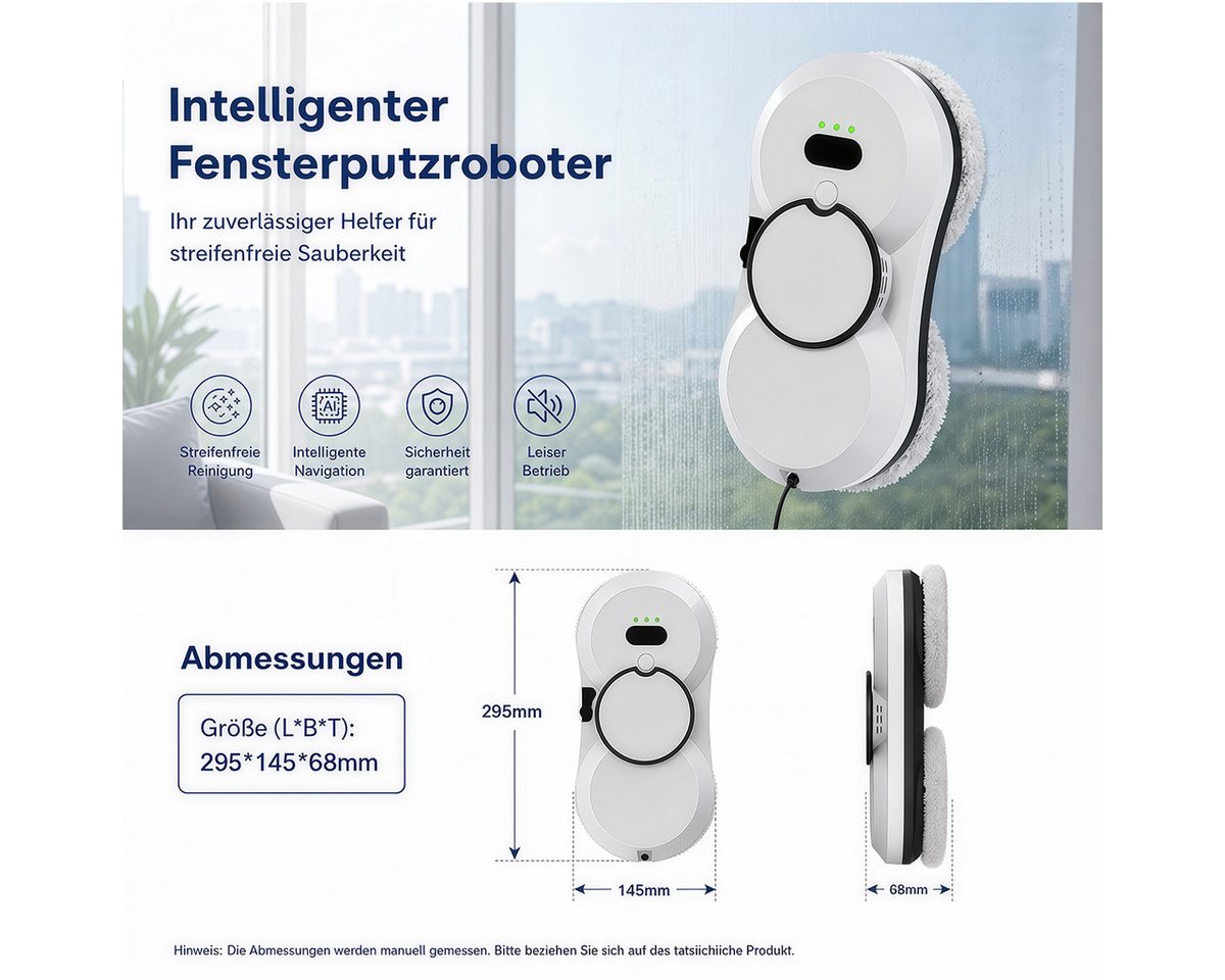 Rhein Beleuchtung Fensterputzroboter Fensterputzroboter – Automatischer Fensterreiniger, (1-St., Set, 2800 Pa Saugkraft, Für Fenster, Glas & schwer zugängliche Flächen) USV-Schutz, Wassersprühfunktion & intelligente Pfadplanung Bild 3