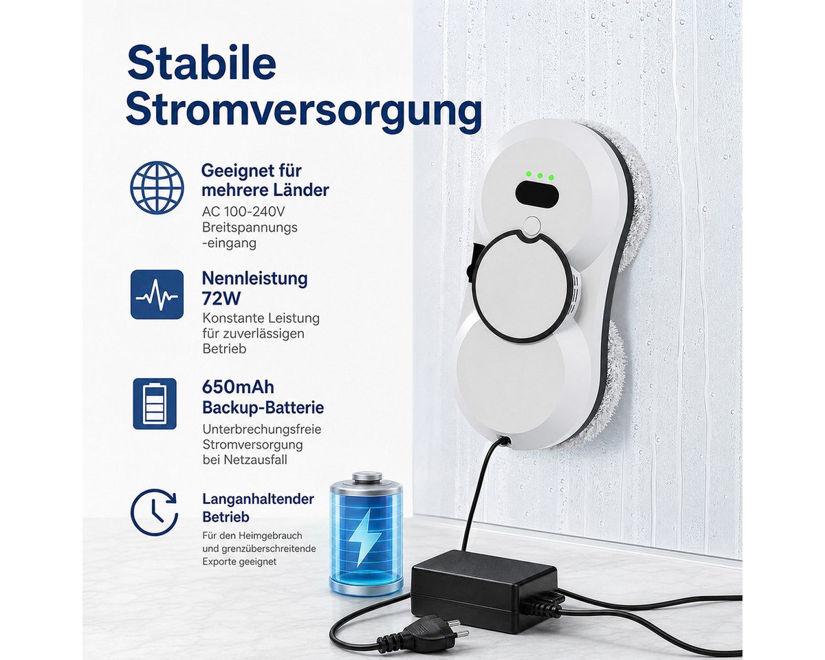 Rhein Beleuchtung Fensterputzroboter Fensterputzroboter – Automatischer Fensterreiniger, (1-St., Set, 2800 Pa Saugkraft, Für Fenster, Glas & schwer zugängliche Flächen) USV-Schutz, Wassersprühfunktion & intelligente Pfadplanung Bild 5