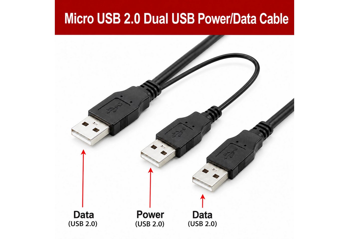 Bolwins R39 USB Y-Kabel für PC & Festplatten, 1x USB-A auf 2x USB-A, 70 cm USB USB-Kabel, USB-A Stecker, USB-A Stecker, Keine Kupplung vorhanden, Y-Kabel mit 2x USB-A Stecker (70 cm), USB 2.0 Y-Kabel mit Zusatzstromversorgung für USB-Geräte 70cm Bild 4