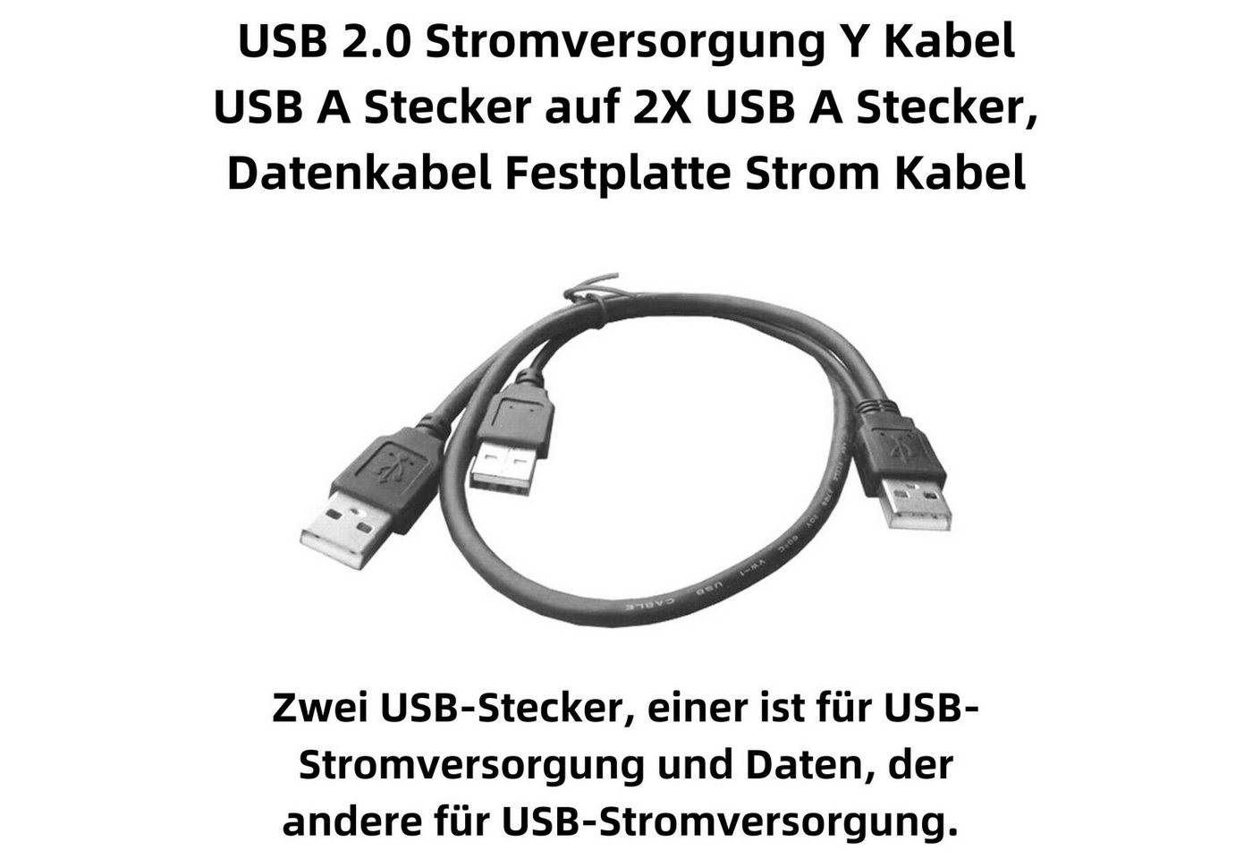 Bolwins R39 USB Y-Kabel für PC & Festplatten, 1x USB-A auf 2x USB-A, 70 cm USB USB-Kabel, USB-A Stecker, USB-A Stecker, Keine Kupplung vorhanden, Y-Kabel mit 2x USB-A Stecker (70 cm), USB 2.0 Y-Kabel mit Zusatzstromversorgung für USB-Geräte 70cm Bild 5