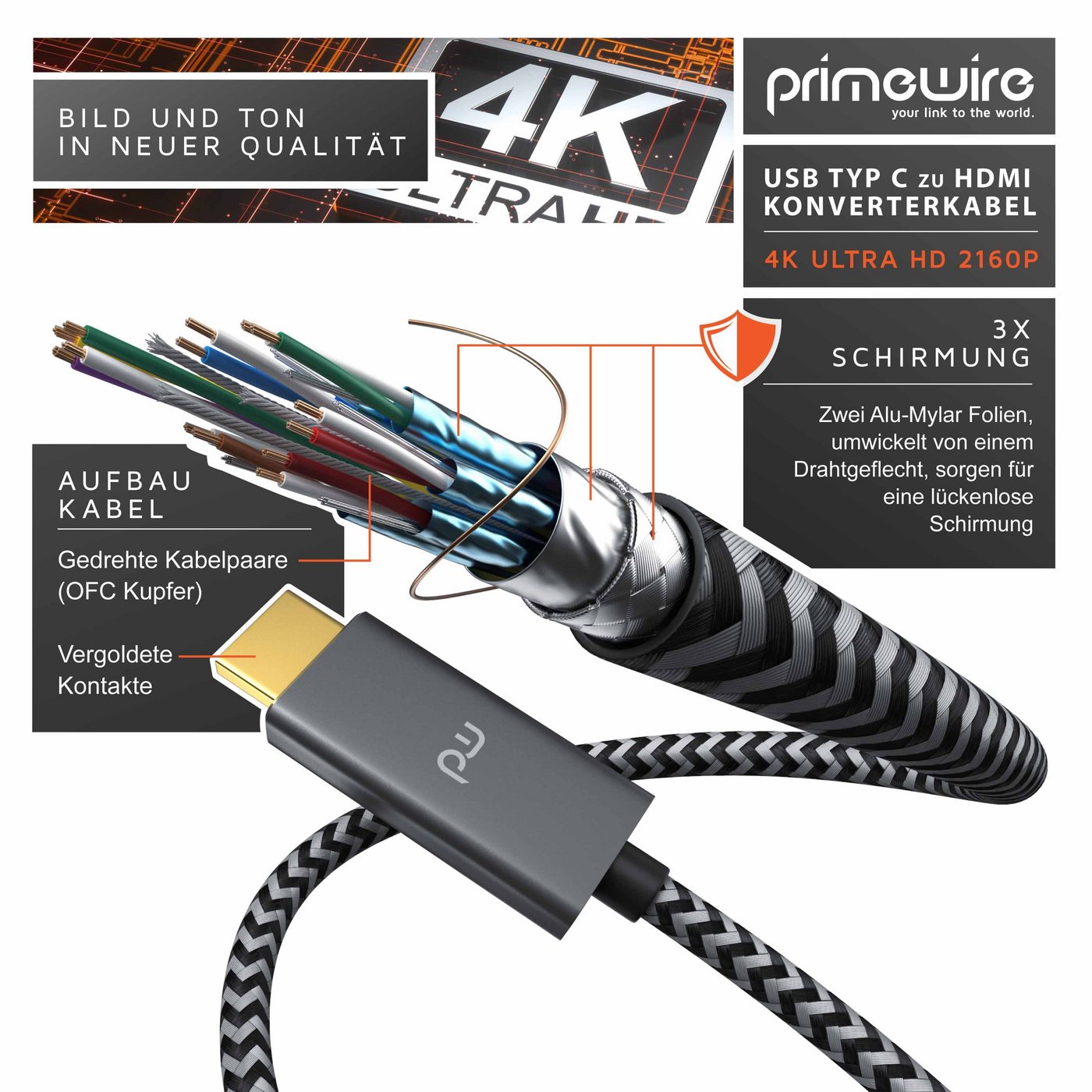 Primewire USB-C auf HDMI Kabel 4K 60Hz, 1 m, Konverterkabel Audio- & Video-Kabel, USB-C, HDMI Typ A (100 cm), USB Typ C zu HDMI Konverterkabel Adapterkabel 4K 3840 x 2160 @60Hz, 1m Bild 2