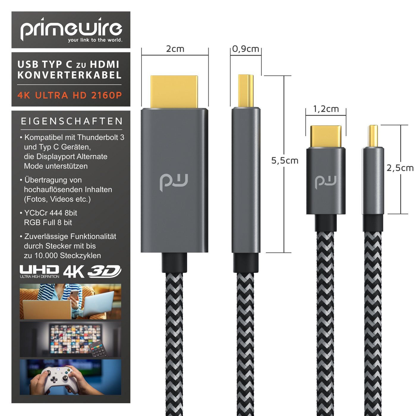 Primewire USB-C auf HDMI Kabel 4K 60Hz, 1 m, Konverterkabel Audio- & Video-Kabel, USB-C, HDMI Typ A (100 cm), USB Typ C zu HDMI Konverterkabel Adapterkabel 4K 3840 x 2160 @60Hz, 1m Bild 4