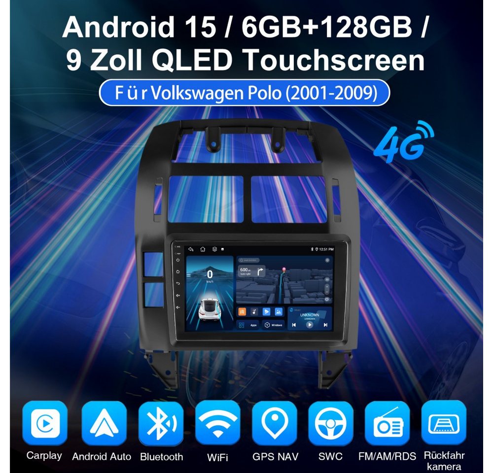 ESSGOO 8-Kern 6+128GB Für VW Polo 9N 2001-2009-Schwarz Silber Autoradio (RDS, Digitalradio (DAB), FM, AM, 4G LTE Carplay Android Auto BT EQ USB Navi WIFI) Bild 5