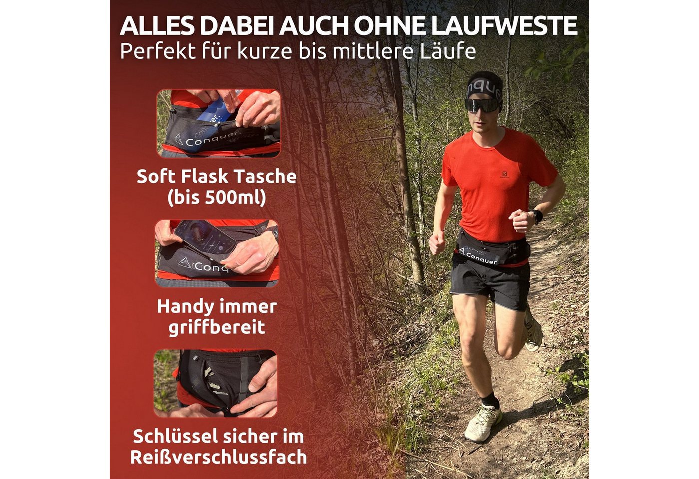 Conquer. Laufgürtel Running Belt verstellbar mit Verschluss & 5 Fächern (Unisex)