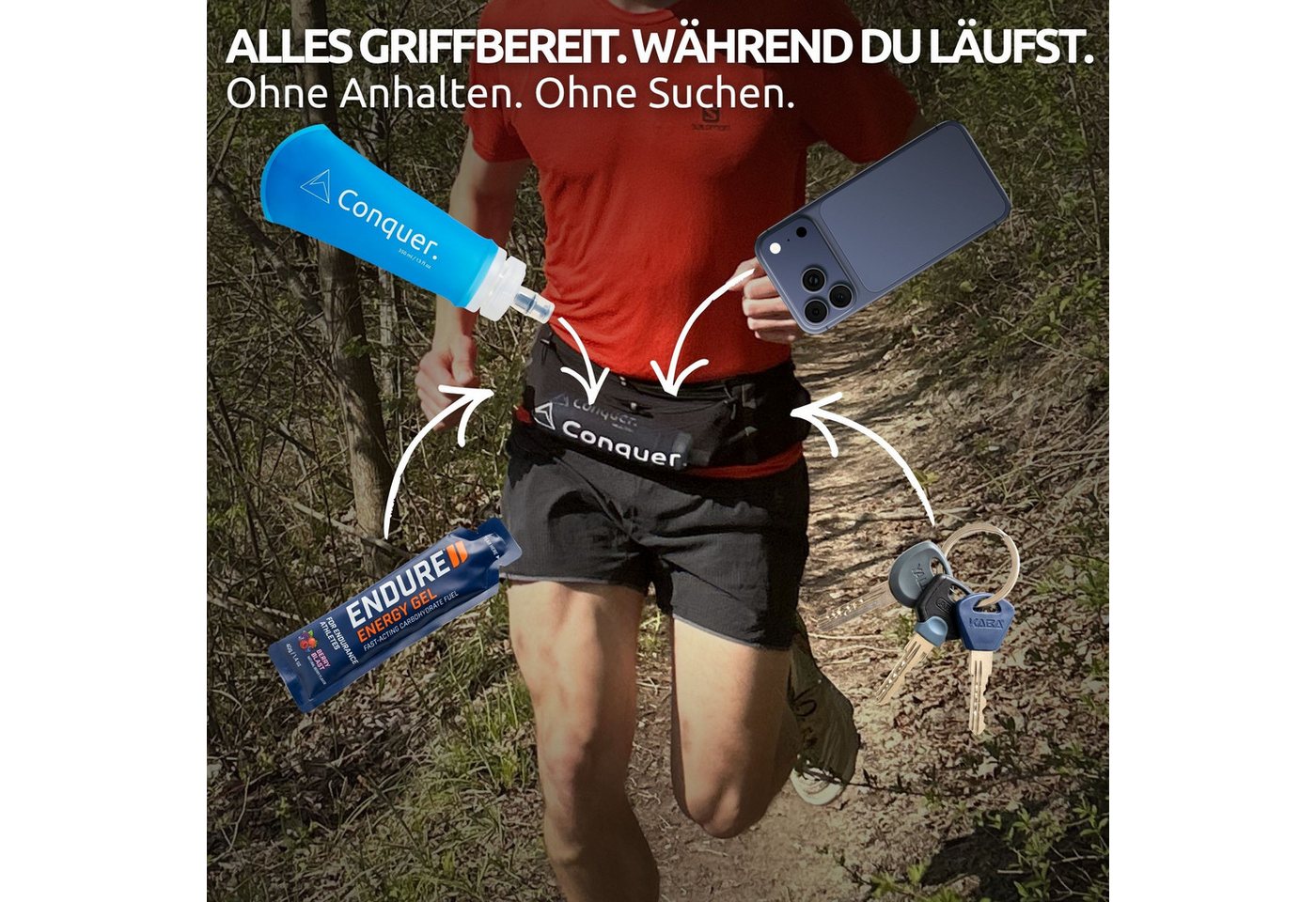 Conquer. Laufgürtel Running Belt verstellbar mit Verschluss & 5 Fächern (Unisex) Bild 3