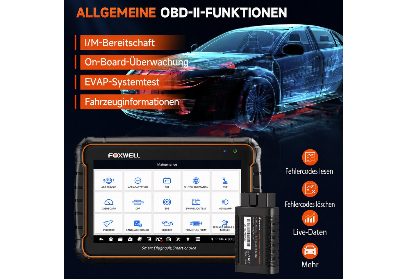FOXWELL OBD2-Diagnosegerät OBD2 Diagnosegerät – All System Scanner mit Active Test & WLAN, DPF, Komplett-Set, Komplett-Set, Profi OBD2-Diagnosegerät, DPF-Reset, mit Case Bild 2