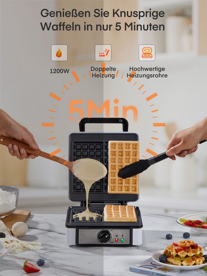 FOHERE Waffeleisen XL 2er Waffeleisen, Waffelautomat, Paninigrill, Waffeltoaster, 1200 W, Elektrogrill, Antihaftbeschicht Bild 4