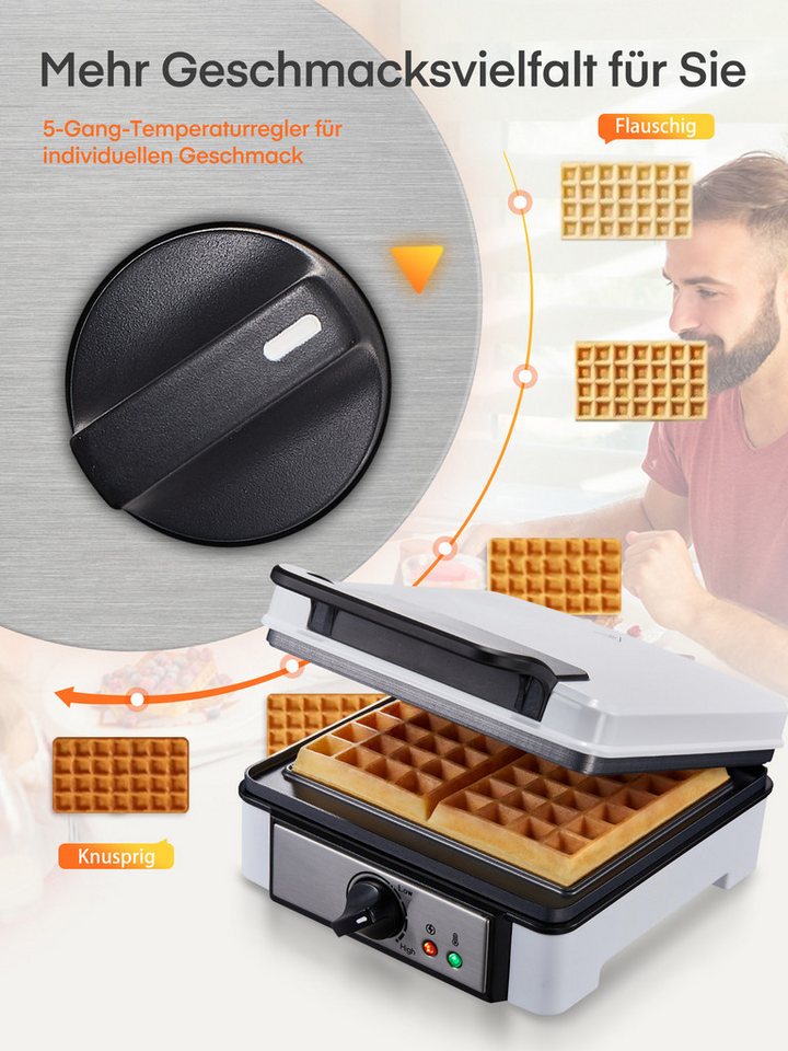 FOHERE Waffeleisen XL 2er Waffeleisen, Waffelautomat, Paninigrill, Waffeltoaster, 1200 W, Elektrogrill, Antihaftbeschicht Bild 5