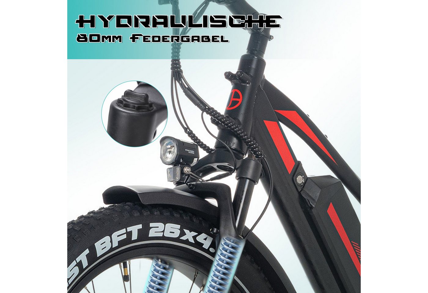 JOBOBIKE E-Bike Mountainbike 26 Zoll, 180km, 80Nm Fatbike, Federsattelstütze, Bremslicht & Blinker, 7 Gang Shimano, Kettenschaltung, Heckmotor, 960 Wh, (LCD-Farbdisplay, CST Reifen mit Pannenschutz, hydr. Scheibenbremsen), Alurahmen, MTB, All-Terrain-E-Bike, Elektrofahrrad für Damen Herren Bild 2