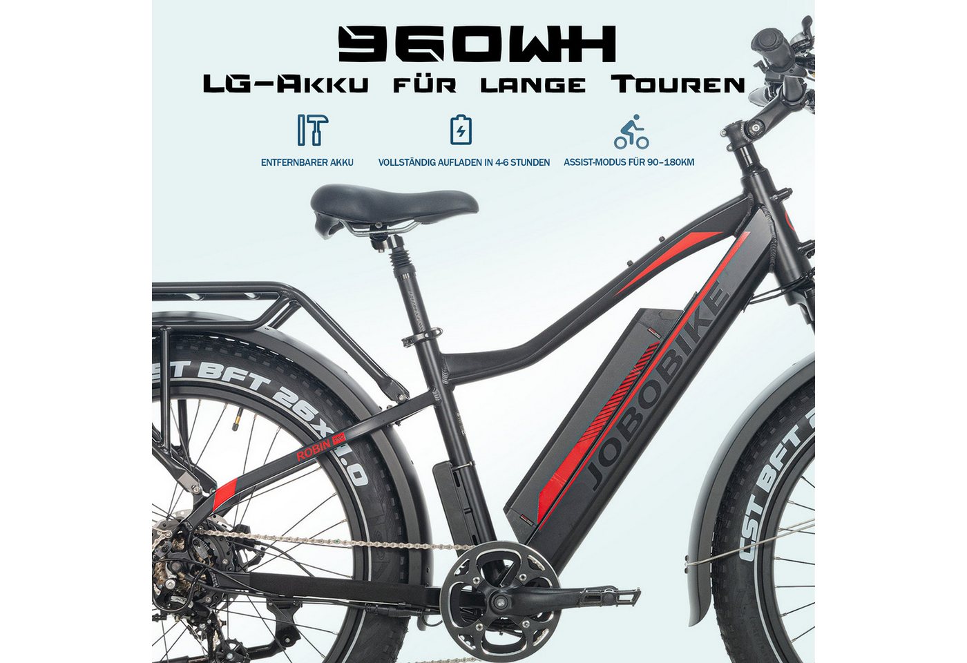 JOBOBIKE E-Bike Mountainbike 26 Zoll, 180km, 80Nm Fatbike, Federsattelstütze, Bremslicht & Blinker, 7 Gang Shimano, Kettenschaltung, Heckmotor, 960 Wh, (LCD-Farbdisplay, CST Reifen mit Pannenschutz, hydr. Scheibenbremsen), Alurahmen, MTB, All-Terrain-E-Bike, Elektrofahrrad für Damen Herren Bild 3