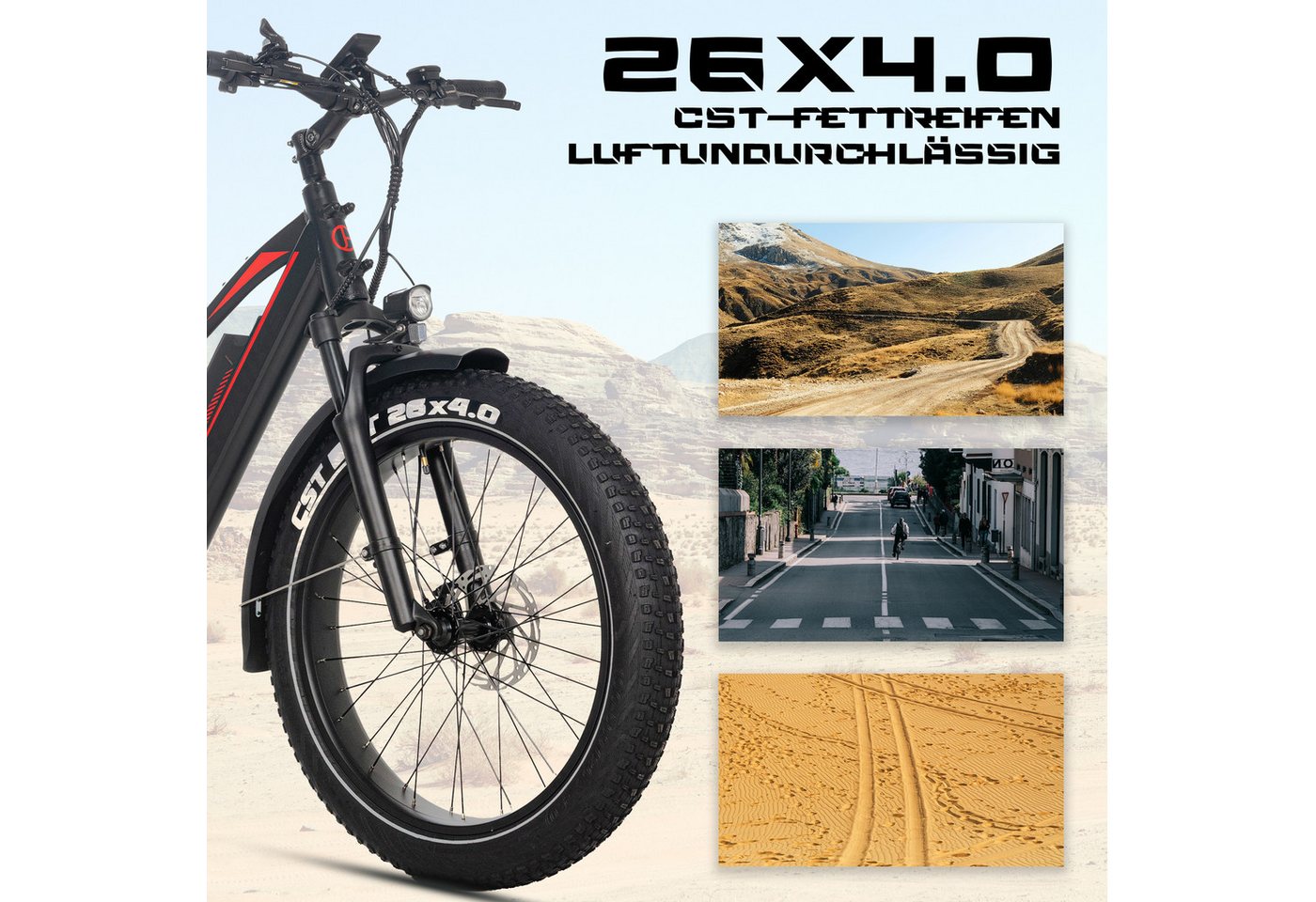 JOBOBIKE E-Bike Mountainbike 26 Zoll, 180km, 80Nm Fatbike, Federsattelstütze, Bremslicht & Blinker, 7 Gang Shimano, Kettenschaltung, Heckmotor, 960 Wh, (LCD-Farbdisplay, CST Reifen mit Pannenschutz, hydr. Scheibenbremsen), Alurahmen, MTB, All-Terrain-E-Bike, Elektrofahrrad für Damen Herren Bild 4
