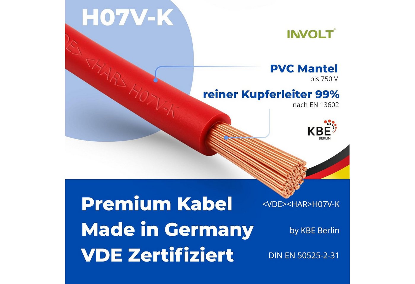 INVOLT H07V-K 6/10mm² 6 Farben Aderleitung, Verdrahtungsleitung (3 - 100 m) Stromkabel, (1000 cm), Made in Germany