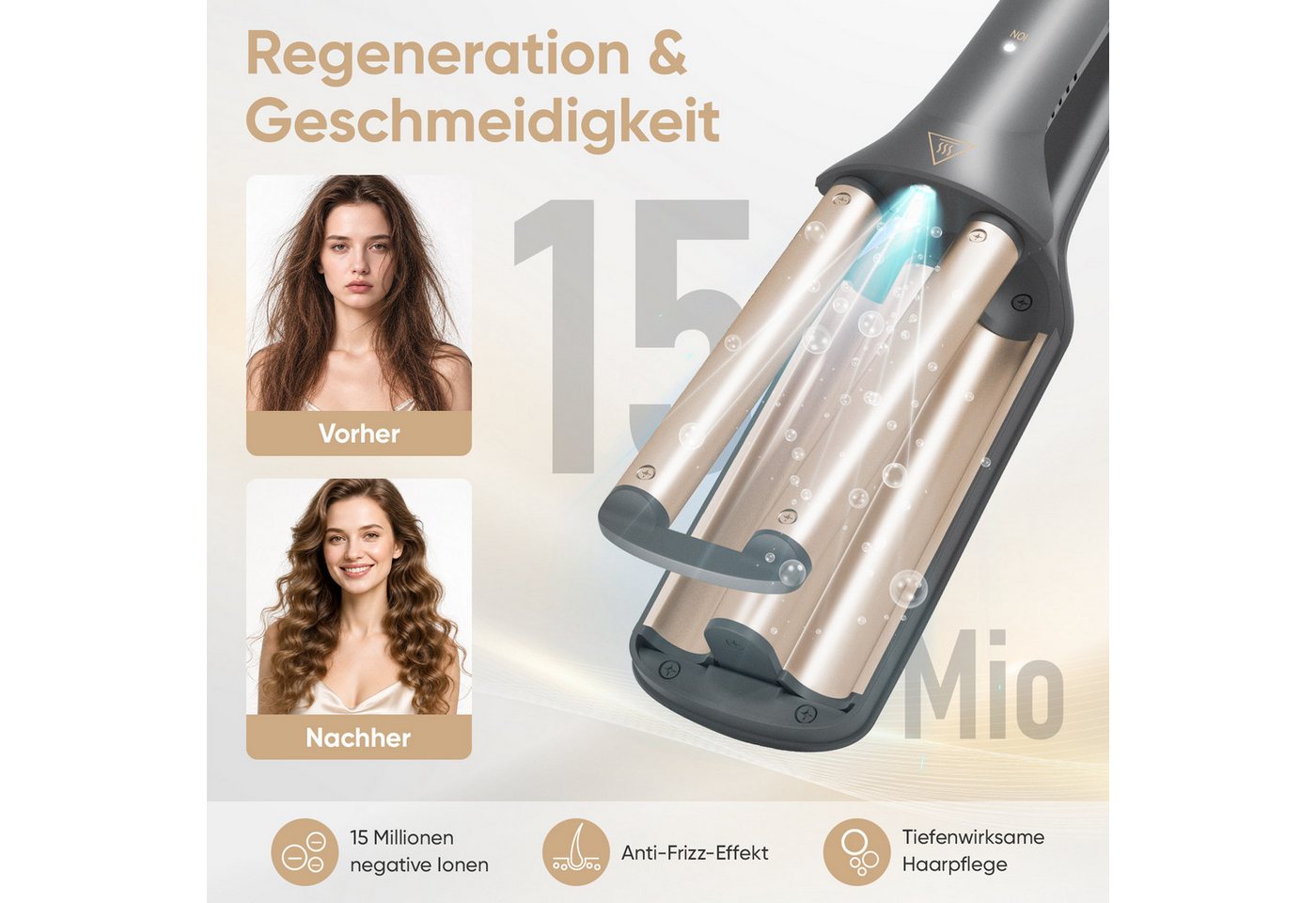 RIWA Welleneisen Lockenstab 3 Fässer für natürliche Wellen und Beach Waves, 120–200°C Keramik-Beschichtung, 3-in-1 Wellen-Design (18/22/26 mm), 15 Mio. Ionen, 30s Schnellheizen