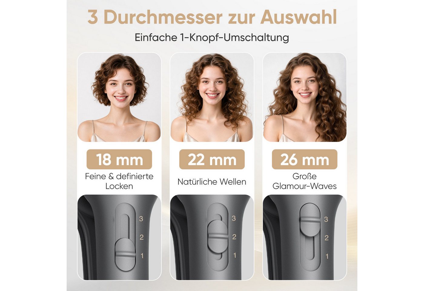RIWA Welleneisen Lockenstab 3 Fässer für natürliche Wellen und Beach Waves, 120–200°C Keramik-Beschichtung, 3-in-1 Wellen-Design (18/22/26 mm), 15 Mio. Ionen, 30s Schnellheizen Bild 2