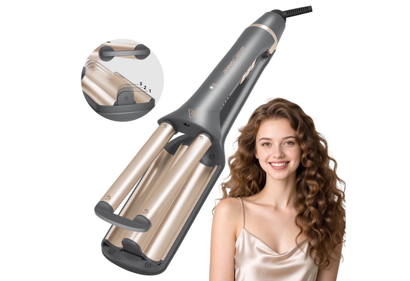 RIWA Welleneisen Lockenstab 3 Fässer für natürliche Wellen und Beach Waves, 120–200°C Keramik-Beschichtung, 3-in-1 Wellen-Design (18/22/26 mm), 15 Mio. Ionen, 30s Schnellheizen Bild 3