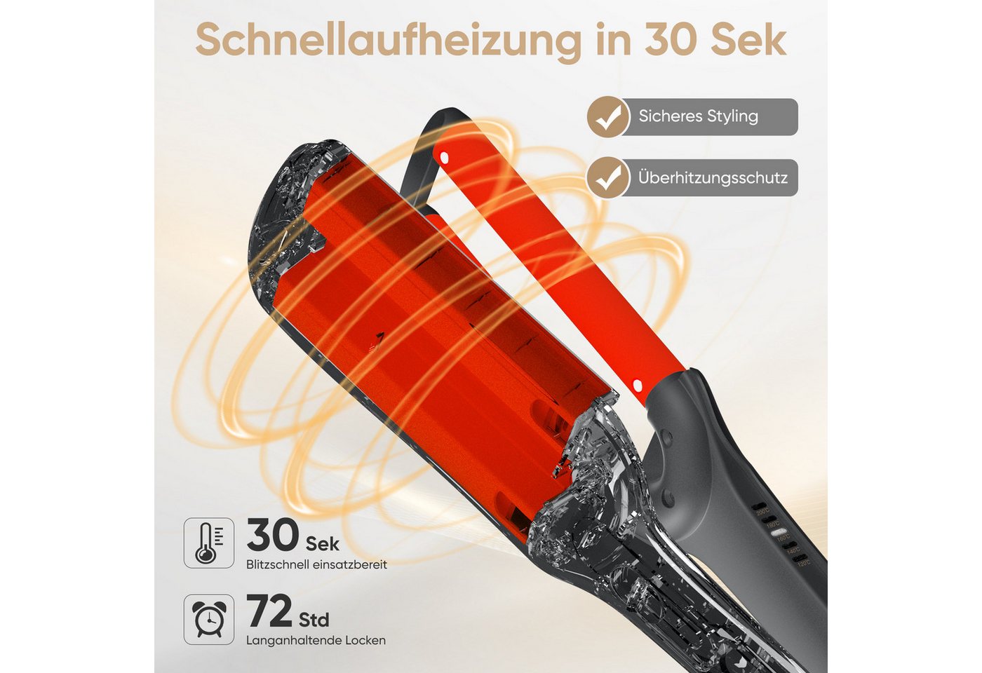 RIWA Welleneisen Lockenstab 3 Fässer für natürliche Wellen und Beach Waves, 120–200°C Keramik-Beschichtung, 3-in-1 Wellen-Design (18/22/26 mm), 15 Mio. Ionen, 30s Schnellheizen Bild 5
