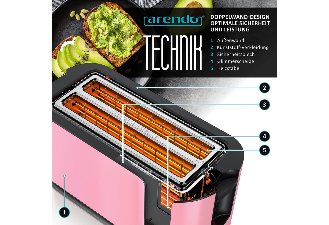 Arendo Toaster Arendo Toaster 4 Scheiben Langschlitz, Touch Display, Brötchenaufsatz, 2 lange Schlitze, für 4 Scheiben, 1500 W, Doppelwandgehäuse, Restzeitanzeige, 7 Bräunungsgrade, Memory-Funktion