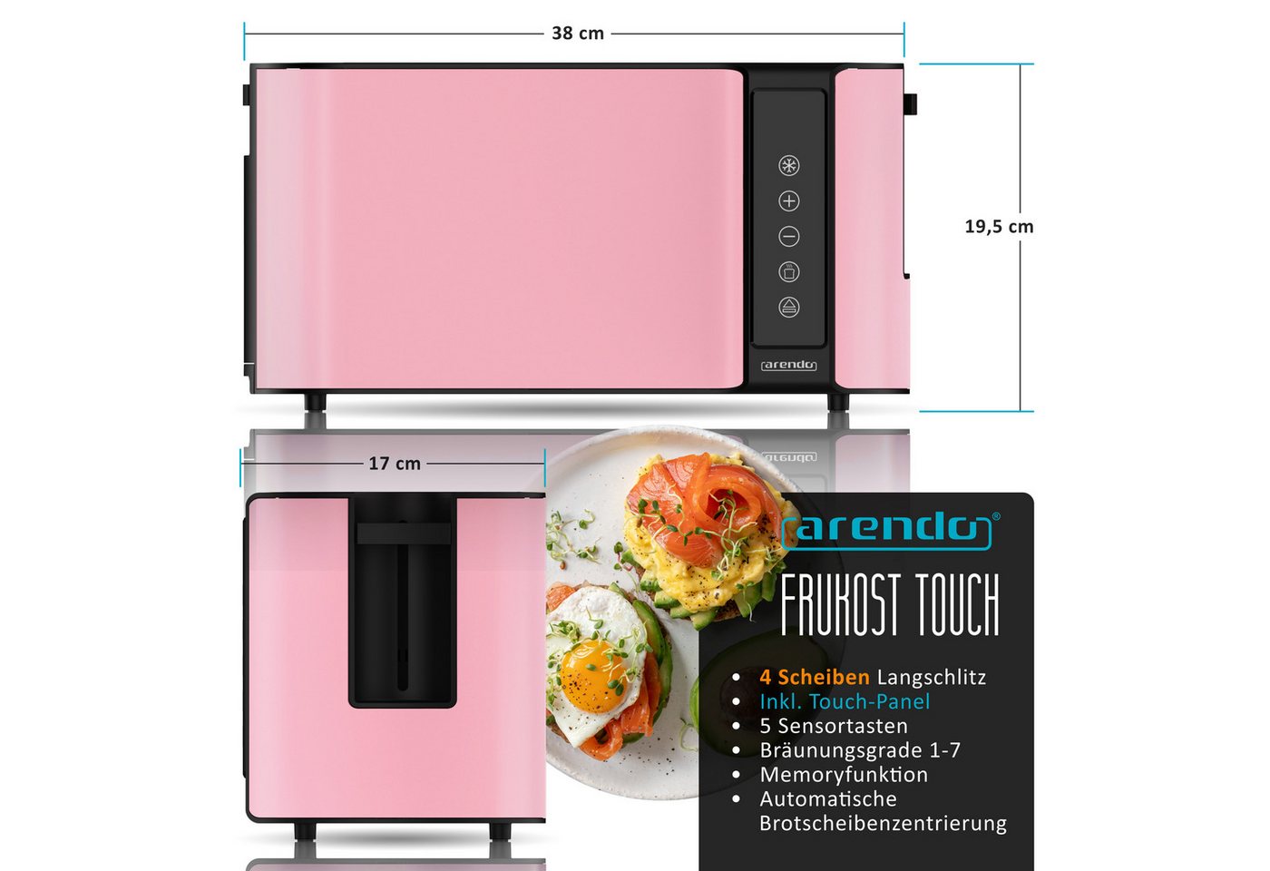 Arendo Toaster Arendo Toaster 4 Scheiben Langschlitz, Touch Display, Brötchenaufsatz, 2 lange Schlitze, für 4 Scheiben, 1500 W, Doppelwandgehäuse, Restzeitanzeige, 7 Bräunungsgrade, Memory-Funktion Bild 2