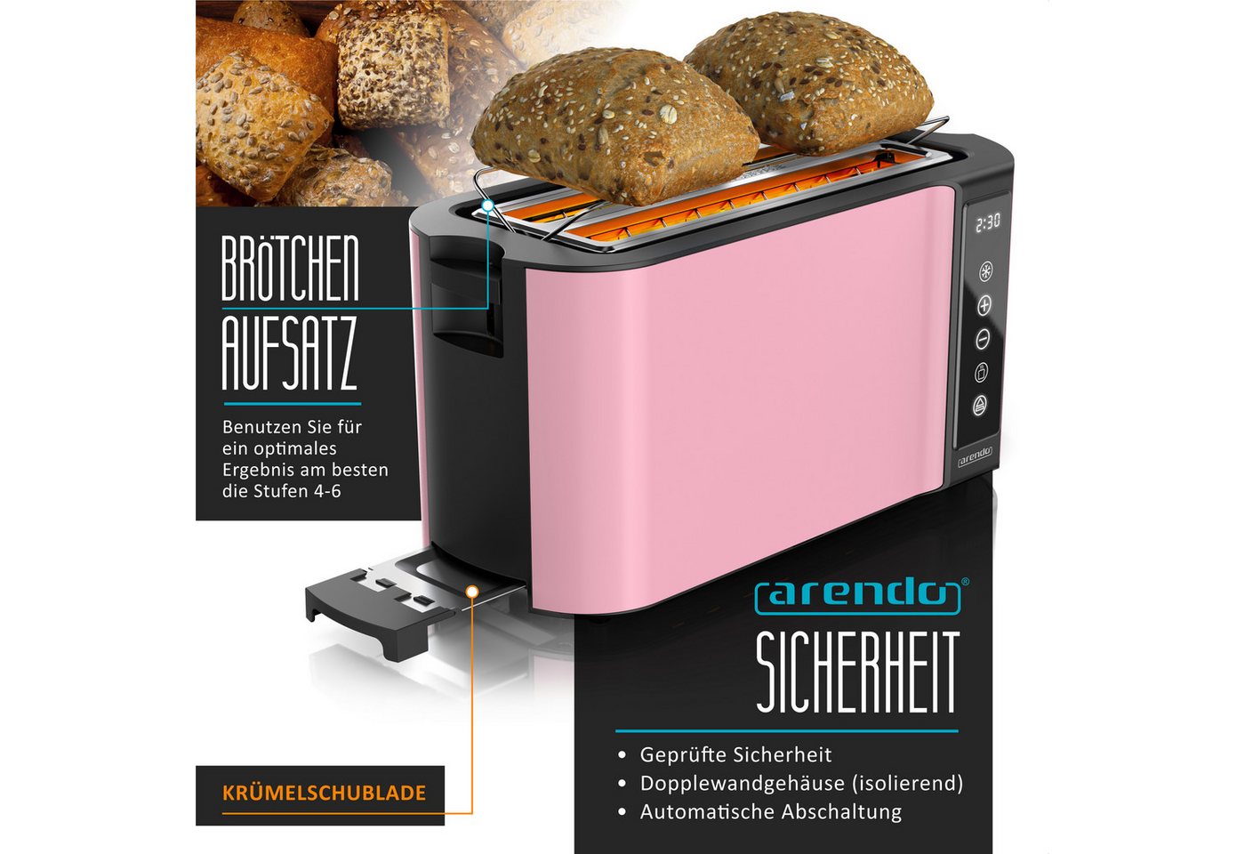Arendo Toaster Arendo Toaster 4 Scheiben Langschlitz, Touch Display, Brötchenaufsatz, 2 lange Schlitze, für 4 Scheiben, 1500 W, Doppelwandgehäuse, Restzeitanzeige, 7 Bräunungsgrade, Memory-Funktion Bild 4