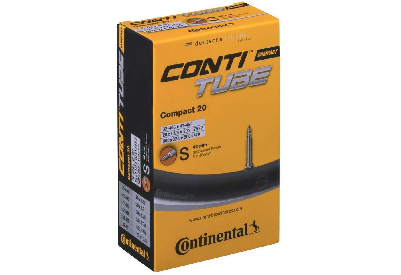 CONTINENTAL Fahrradschlauch Fahrrad-Schlauch 20 Zoll 32-406 47-451 SV 42mm, 20 Zoll (50,80 cm), (Packung, 1-St., 1 Stück), Schlauch Compact 20 mit SV-Ventil 42mm Größe: 20x 1 1/4 bis 1,75 135g