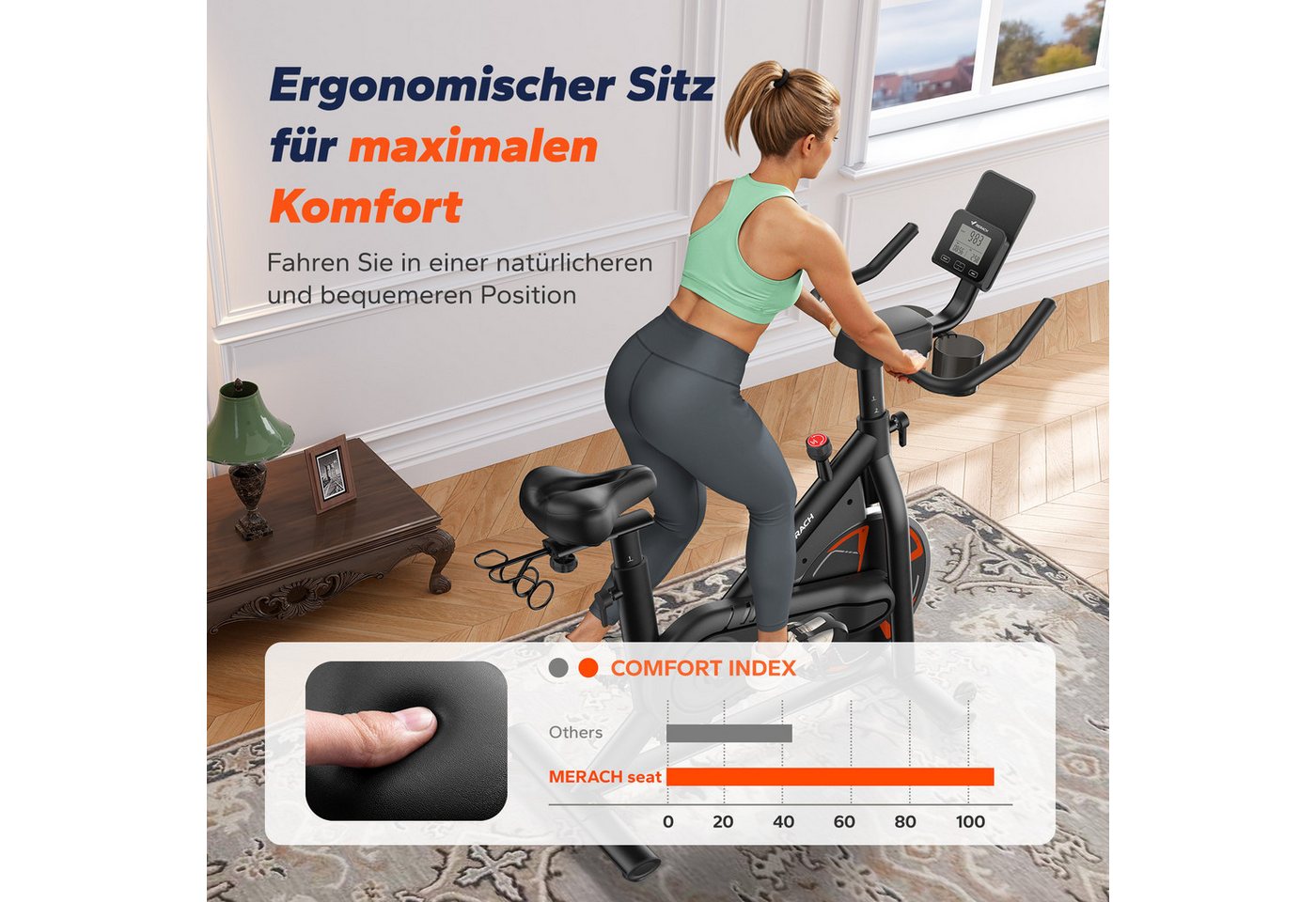 MERACH Heimtrainer mit 8kg High-Inertia Schwungrad & leiser Magnetbrems (Fahrradtrainer mit verstärktem H-Rahmen, eigene App-Anbindung, mit stoßdämpfendem Luftkissen-Sattel, für optimierte Laufruhe), stabil und belastbar bis 150kg, leise und komfortabel für Zuhause Bild 2